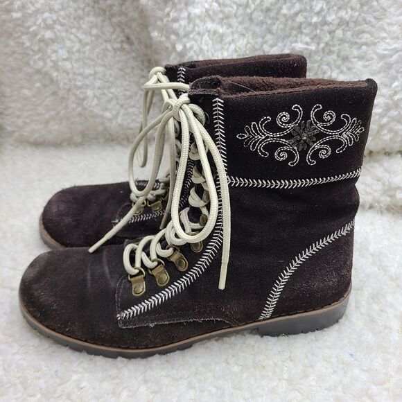 Canda Brown Suede Leather Embroidered Lace-up Fleece Lined Boots sz 38 - Picture 5 of 10